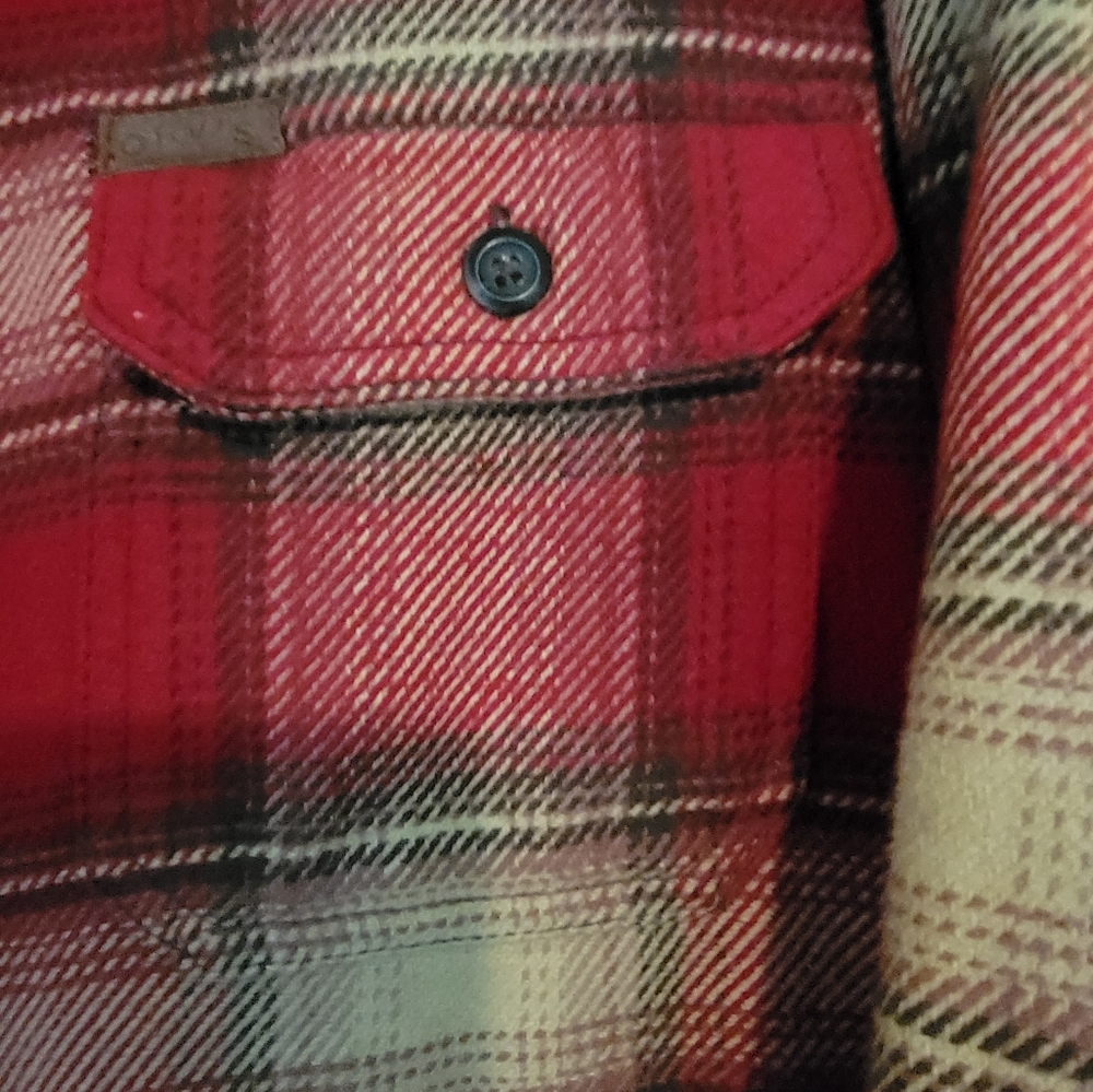 Orvis Flannel Twill Heavy Red Brown Plaid Shirt Jacket w/Pockets Sz L - Picture 4 of 5